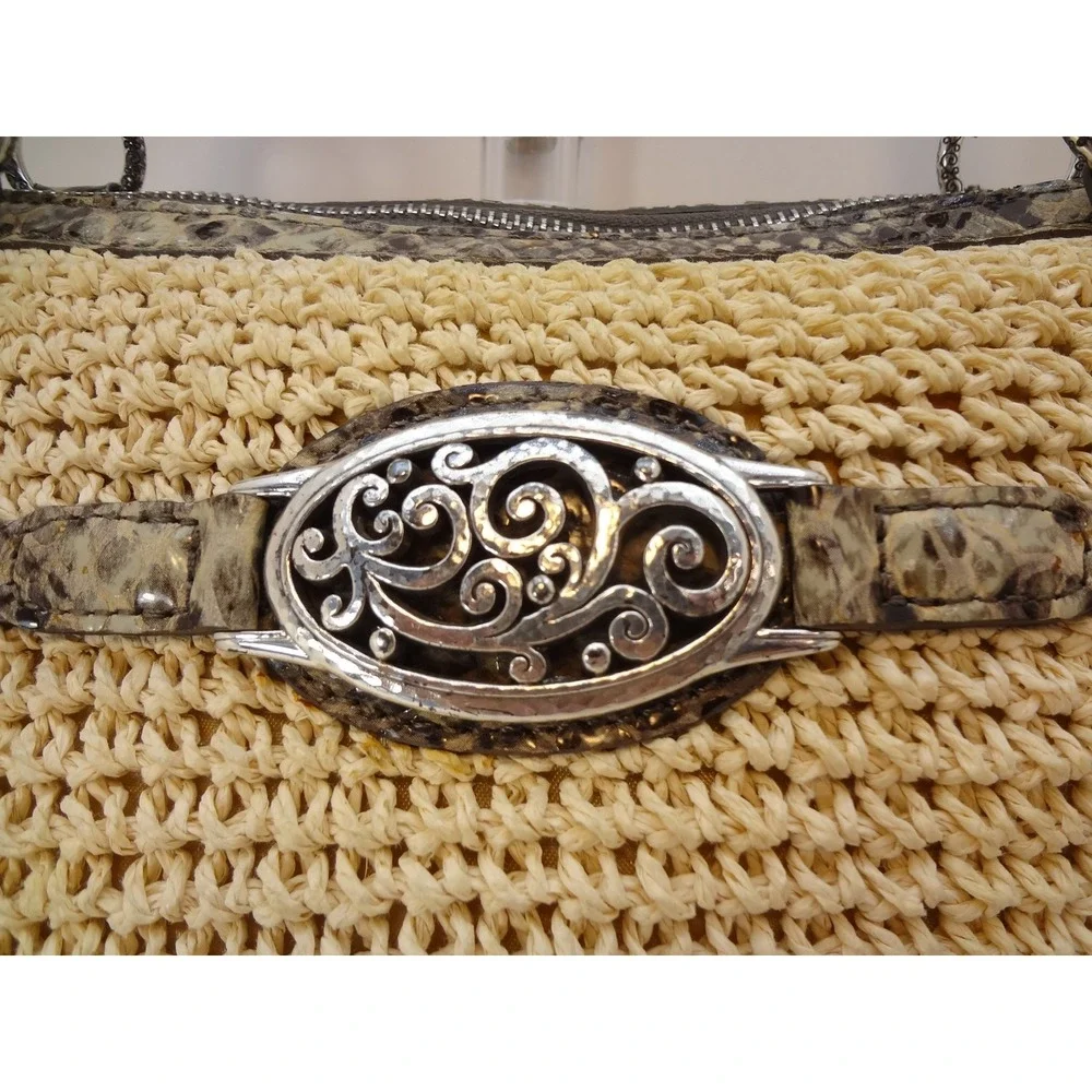 Brighton Straw Tote Bag Large Beige Excellent Snakeskin Trim Filigree
